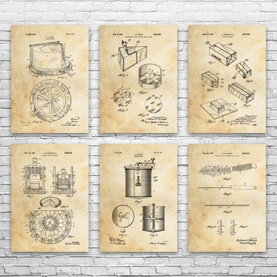 Cheese Patent Wall Art Set of 6 Poster, Canvas or Framed Dairy Art Chef Gift