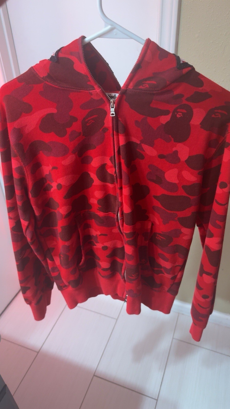 A Bathing Ape Shark Graphic Full Zip Hoodie Red Camo Fleece Men's Long Sleeve