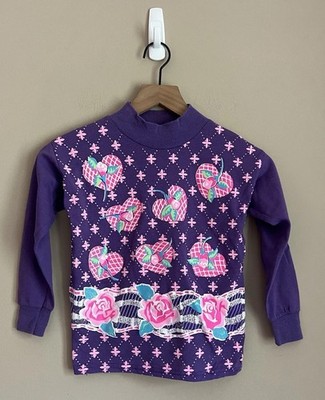 Vintage Girls Sweatshirt Top 80s 90s Hearts Tunic Mockneck Size 7 8