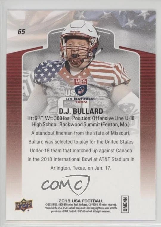 2018 Upper Deck USA Football Blue Border DJ Bullard #65 - Image 2 of 2