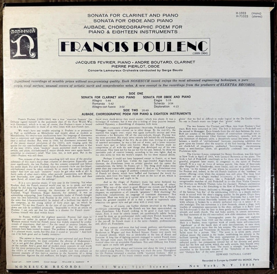 Francis Poulenc Sonata for Clarinet and Piano LP Nonesuch H-71033 Vinyl Record Foto 4 de 4