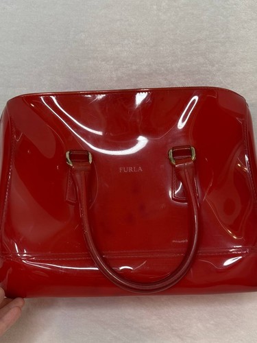 Furla Candy Bag Red Patent PVC Satchel Handbag Lock Zip Tote Purse - Picture 7 of 15