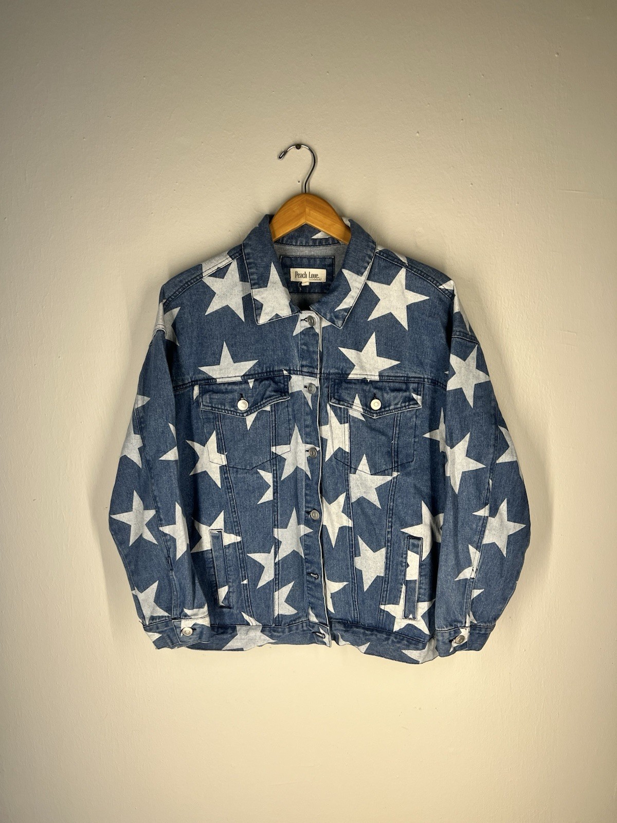 Peach Love California Painted Stars Oversized Ripped Denim Jacket Womens S