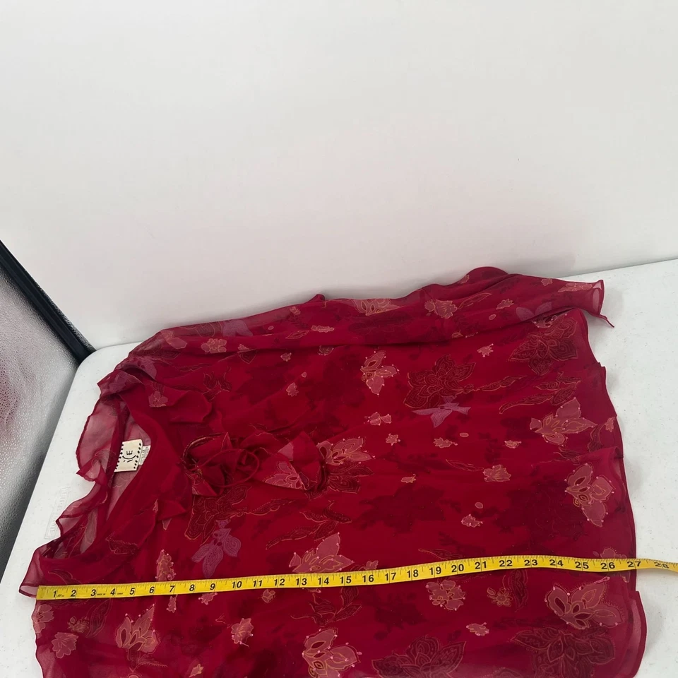 Blusa DE COLECCIÓN ICE 2X Roja Floral Seda Transparente Volantes Cuello en V Manga Campana Gasa Top Foto 4 de 4