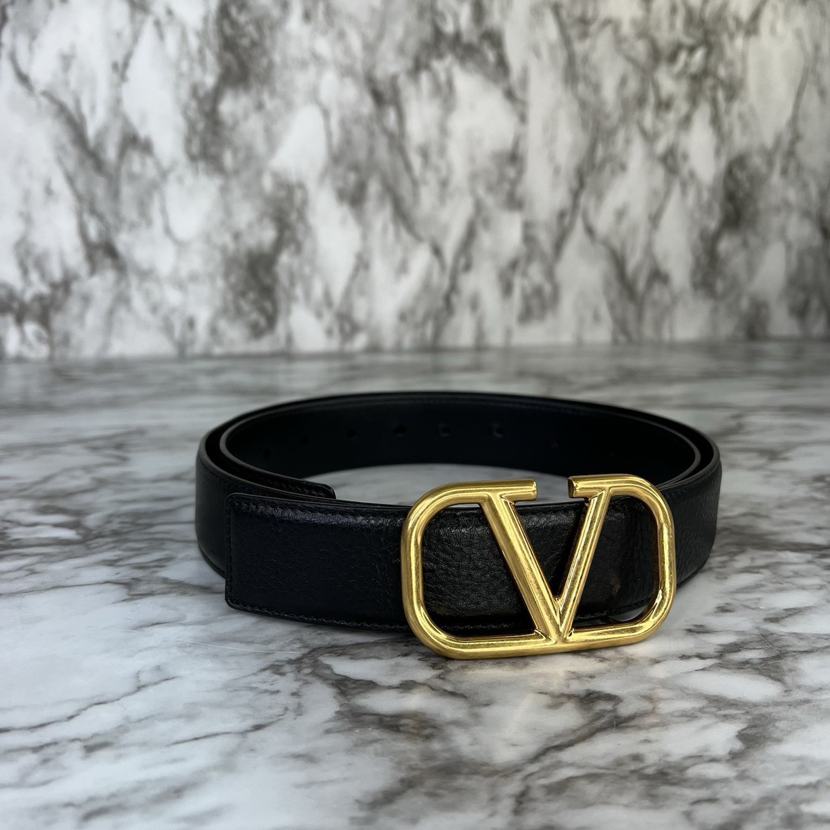 Valentino Black Leather Belt with Gold V Circle Buckle Intricate engraving on the gold-tone buckle adds a refined  main image 3
