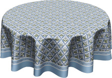 Round Boho Tablecloth 60 Inch Blue Green Floral French Block Print Reusable