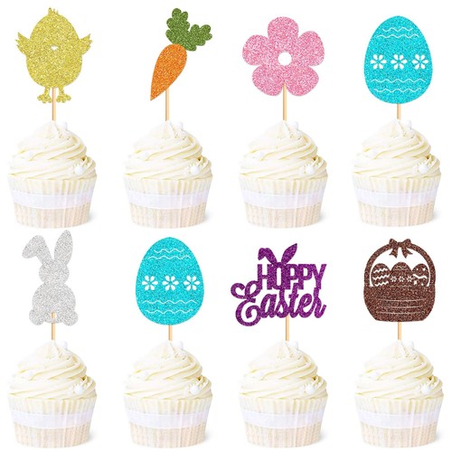 24 Pack Happy Easter Cupcake Toppers Glitter Bunny Eggs Carrot Cupcake Picks Dec