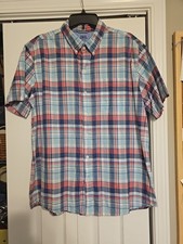 Izod Saltwater Plaid Short Sleeve Shirt Button Down Pink Blue Plaid XL Preppy