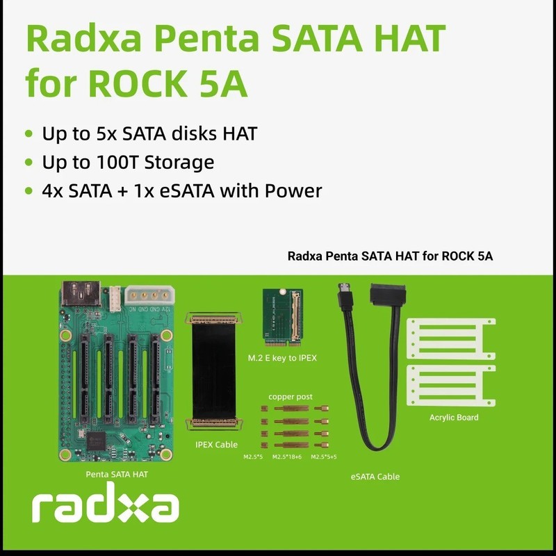 5-Bay SATA Disk HAT for Raspberry Pi 5 & ROCK Pi SBCs 3A 4A 4B 4SE 5x SATA 5A PS