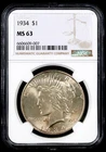 1934 Peace Silver Dollar - NGC MS63 - BEAUTIFUL COIN - BETTER THAN GRADE #340