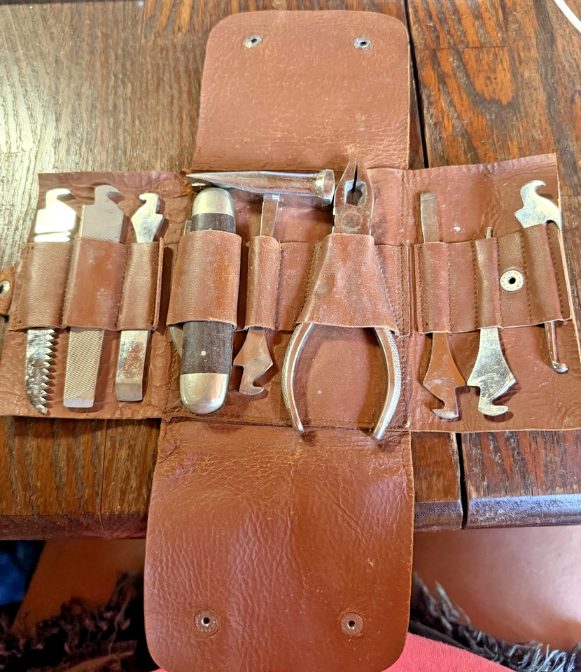 A complete vintage Clauss multi-tool pocket knife kit with S&H pliers — a rare, intact set from a storied American cutlery brand that's basically a time capsule of mid-century EDC.