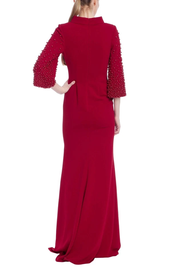 Badgley Mischka Ruby Red Beaded Bell Long  Sleeve Gown $990 Modest sz 10 NWT - Image 2 of 2