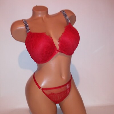 Victoria Secret Bra Set 36D Bombshell Push Up Large Panty Red V String Adds 2 Cu