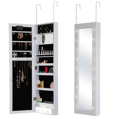 Door Wall Mounted Jewellery Cabinet Led Light Up Mirror Jewelry Storage Display
