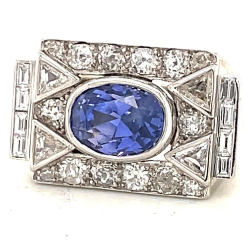 5.58CT Oval Bluish Violet Ceylon Sapphire & Multi Shape Diamonds Art Deco Ring - Afbeelding 1 van 6