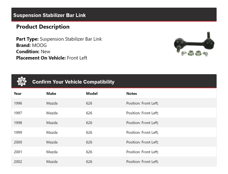 Barra estabilizadora de suspensión delantera izquierda MOOG 1996-2002 para Mazda 626 1996-2002 Foto 2 de 4