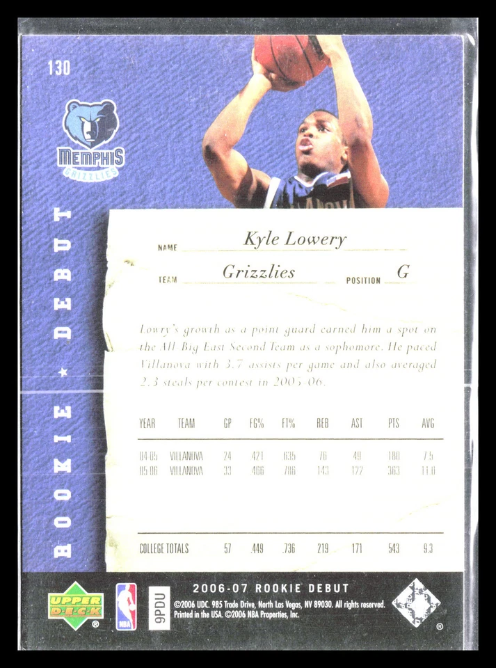 Kyle Lowry 2006 Upper Deck Rookie Debut #130 Rookie Memphis Grizzlies - Image 2 of 2
