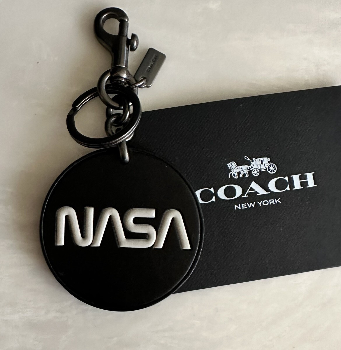 COACH NASA SPACE ROUND BAG CHARM KEY RING FOB BLACK/CHALK EUC VERY 
