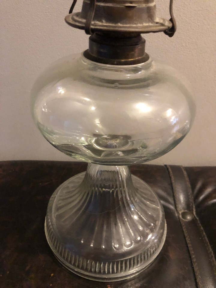 ANTIQUE/VINTAGE TALL GLASS HURICANE OIL LAMP OVERALL 20" TALL BASE 6