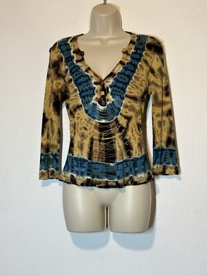 Y2K Henley Rib Knit Tie Dye Top Boho Festival Retro Hippie Size Small
