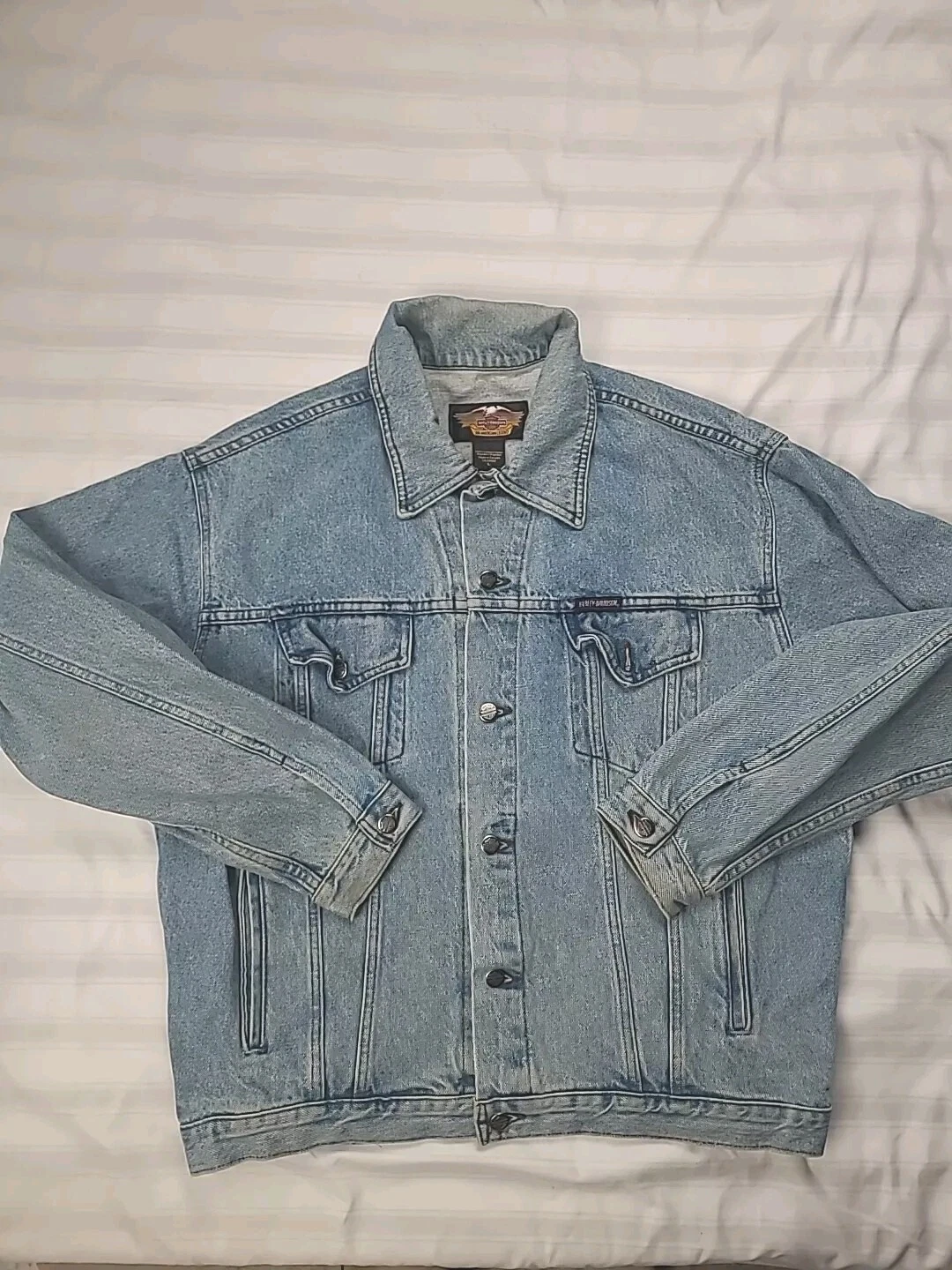 Harley Davidson Jacket Mens Size Large Blue Denim Biker Motorcycle Logo Rugged