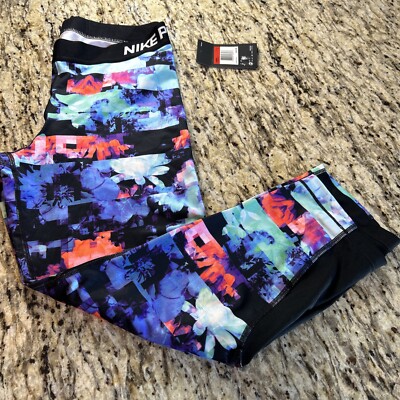 Women's Nike Pro Running Leggings Sz L Black Multicolored print