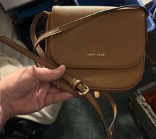 Calvin Klein Brown Leather Crossbody Bag Gold Hardware Strap