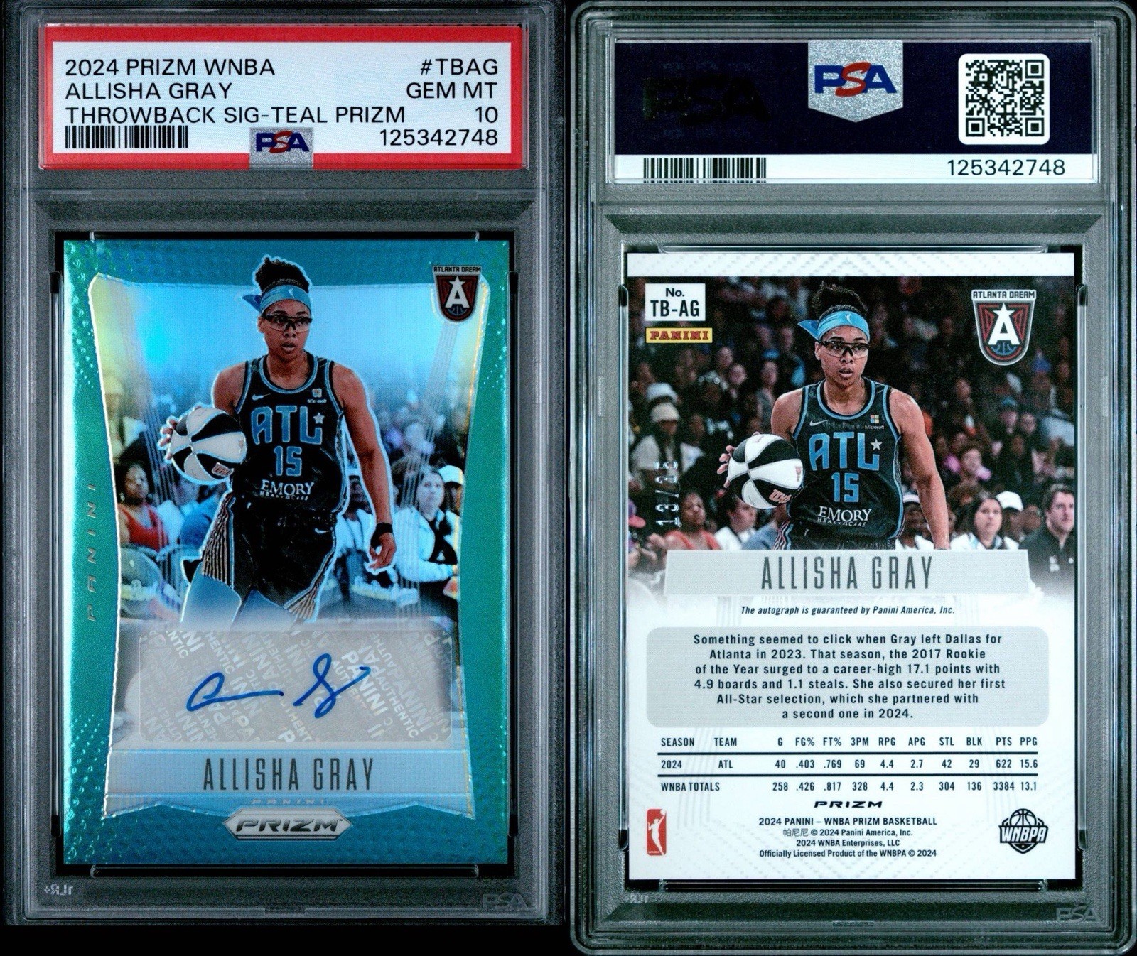2024 Prizm Deca WNBA Allisha Gray Throwback Signatures Teal Auto /35 PSA 10 Gem view 3