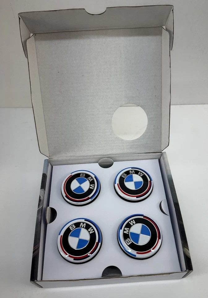 BMW 56mm Blue - White - Red Anniversary Edition Floating Hub Cap SET 36122455268 - Image 4 of 4