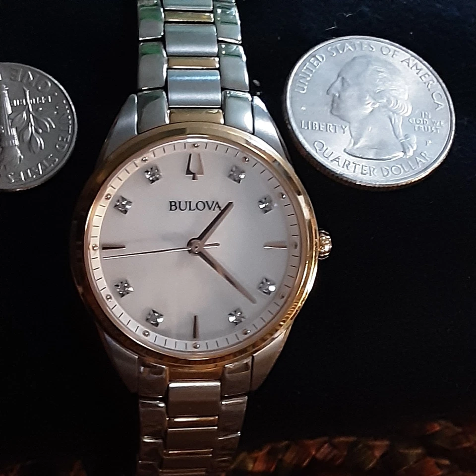 BULOVA Ladies 98P183 TWO-TONE Watch NEARLY NEW Two-tone MOP DIAMOND DIAL NICE! - Image 4 of 4