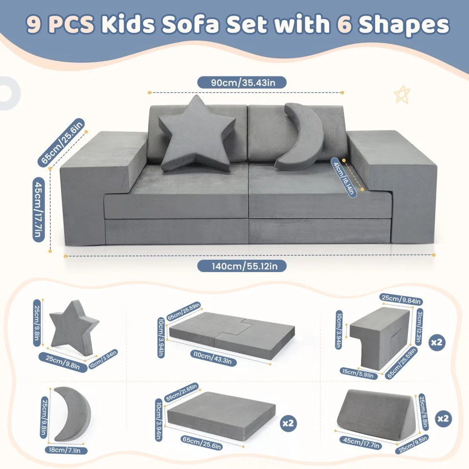 9 TLG Spielsofa Cord Kindersofa Schaumstoffbausteine Schalffunktion Modulsofa - Bild 3 von 4