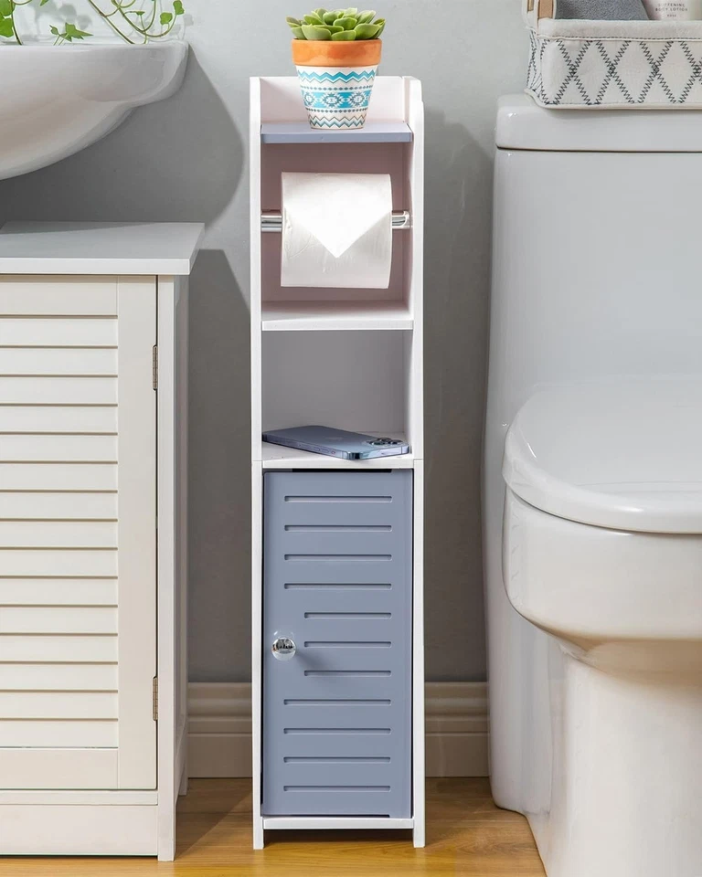 Armario de almacenamiento de baño pequeño con soporte de papel higiénico impermeable PVC 30′′ gris/blanco Foto 4 de 4