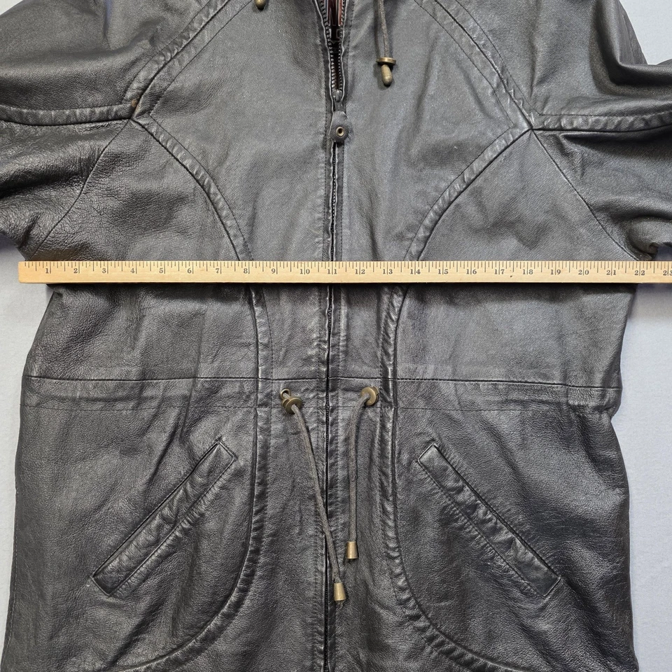 Winlit Leather Jacket Womens Large Black Hooded Parka Quilted Zip Front Lined - Image 2 of 4