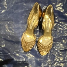Nina Gold Beaded Stiletto Open Toe Slip On Pump Party Heel for Women