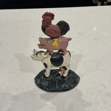 Vintage 8" Painted Cast Iron Doorstop Rooster on a Pig, on a Cow