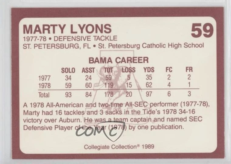 1989 Collegiate Collection Alabama Crimson Tide Marty Lyons #59 - Image 2 of 2