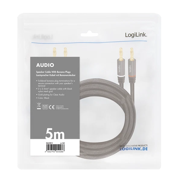 Logilink Cavo per Altoparlanti 2x2 Spinotti a Banana Nylon Nero 5m - Immagine 4 di 4