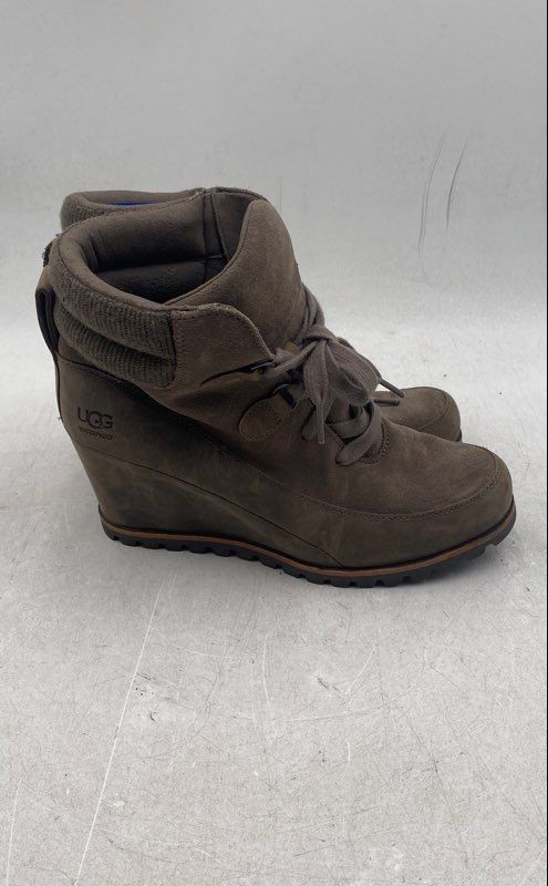 UGG Womens Kriston Mole Brown Faux Leather Ankle Lace-Up Booties Size 8.5