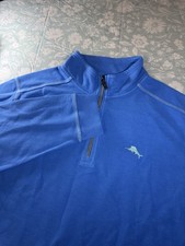 Tommy Bahama Quarter Zip Mens L Pullover Costal Blue Cotton Tencel Blend