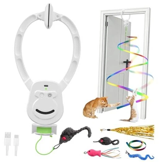 Automatic Hanging Interactive Cat Toy for Indoor Cats,Clip-On Doorway Cat White