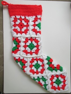 Handmade Crocheted Granny Square Christmas Stocking Big Footed