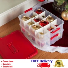 Sterilite 24 Compartment Christmas Ornament Storage Box Stack & Carry Clear Red