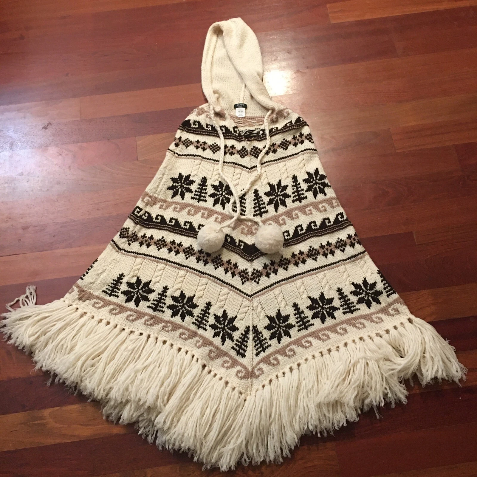 Pom Pom Poncho With Hood 100% Wool Cable knit One Size Hand-knit J.Crew Rare