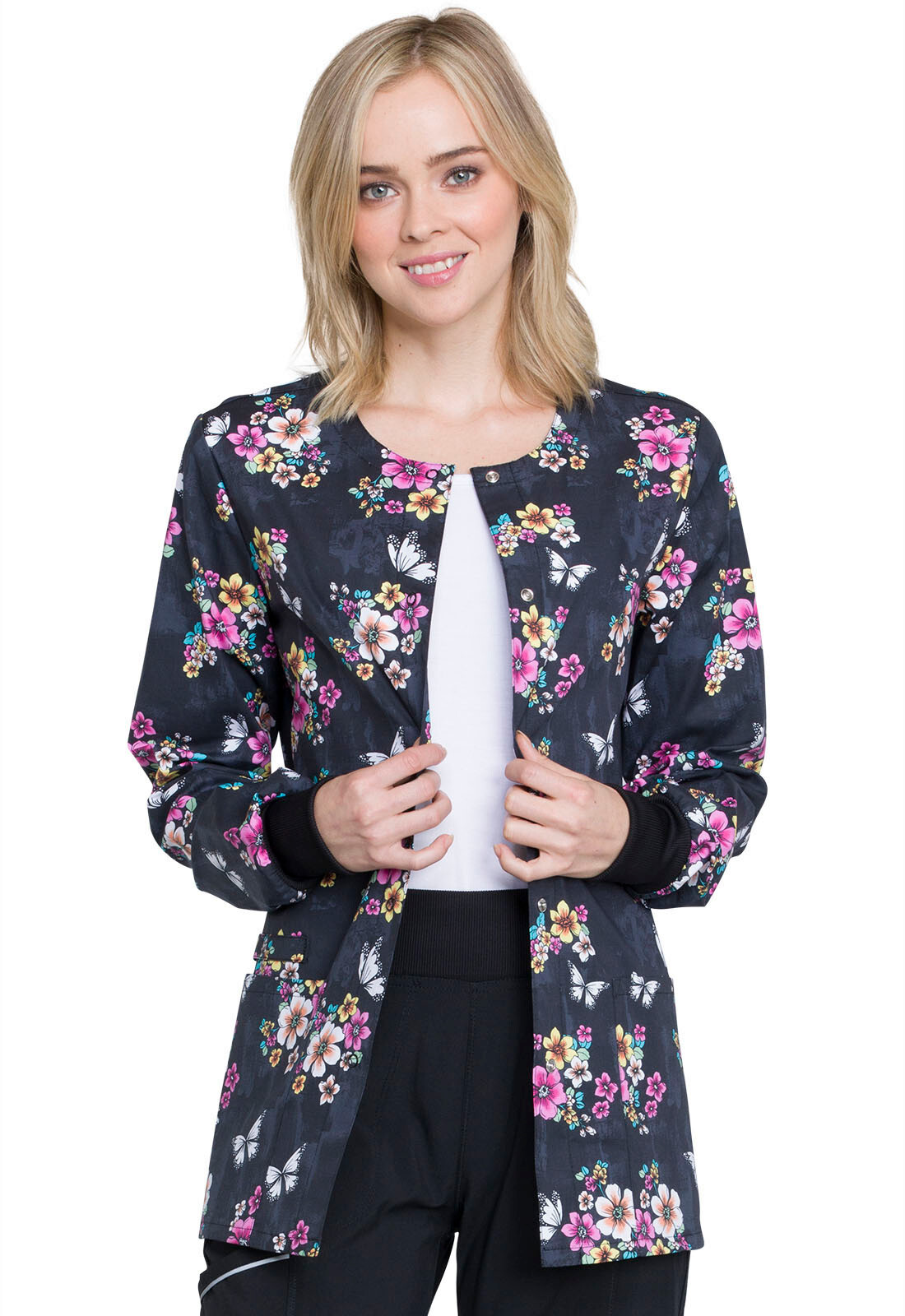 Butterfly Floral Cherokee Scrubs Genuine Snap Front Warm Up 