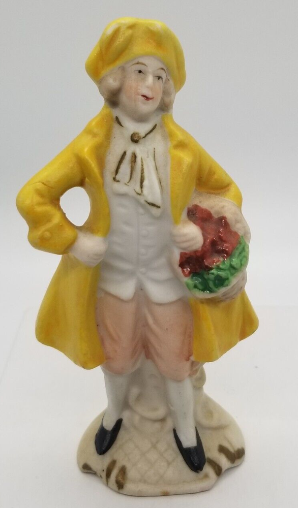 Colonial Man Figurine Bisque Yellow Coat Floral Basket Occupied Japan Vintage