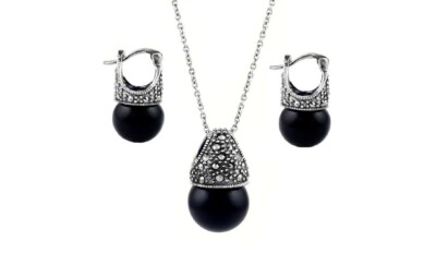 Solid 925 Sterling Silver Genuine Marcasite Black Pearl Earring & Necklace Set