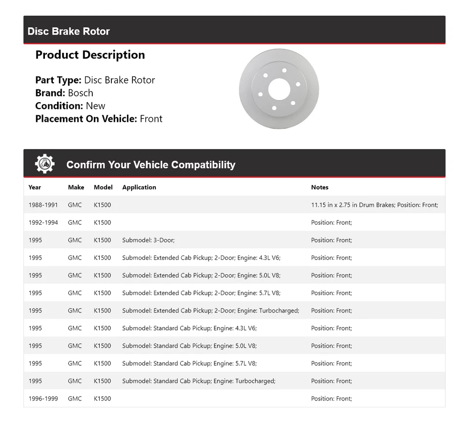 Rotor de freno de disco delantero para GMC K1500 1988-1999 Bosch QuietCast 1989 1990 1991 Foto 2 de 4