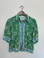 Max Studio Indie cropped button down blouse xs green blue boho floral y2k boxy