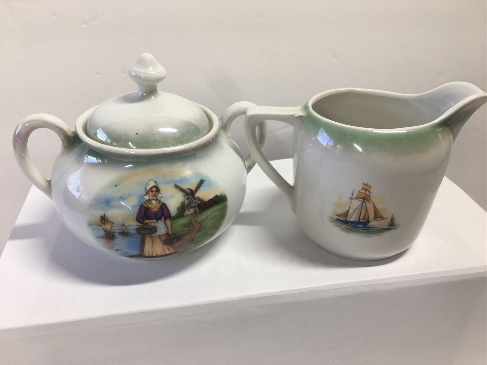 Vintage Shumann 1920s Germany Sugar and Creamer Antique Windmill Ship
