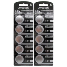 Loopacell LIR2032 2032 Li-ion Lithium Rechargeable 3.6V Coin Cell 10 Batteries